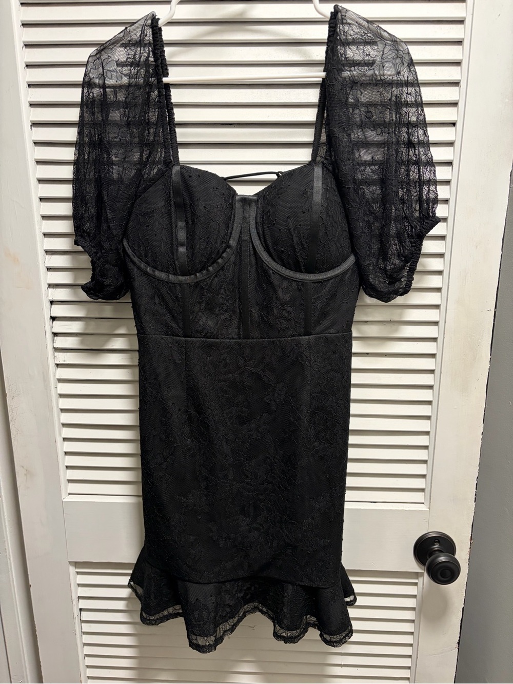Black Lace Mini Dress with Puff Sleeves